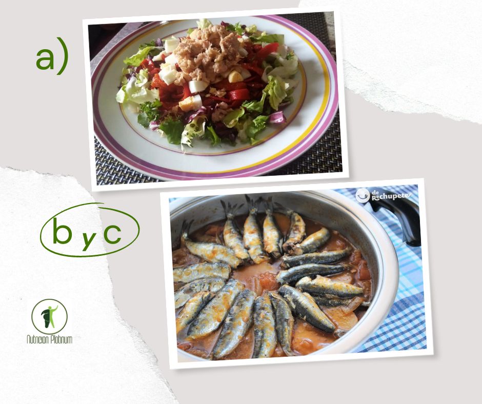 Ensalada de pimientos asados atún y huevo con guiso marinero de sardinas